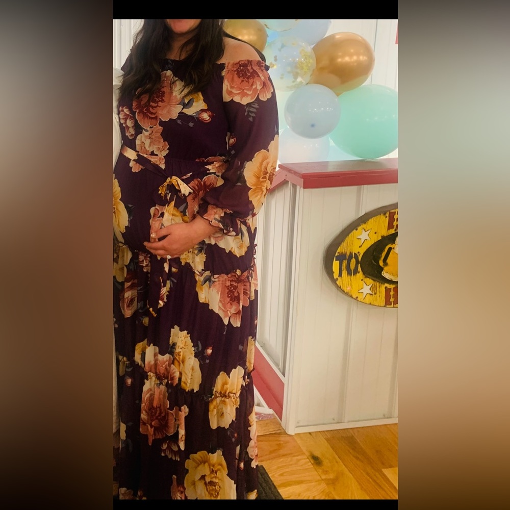 Baltic Born Eggplant floral Off the Shoulder Dress